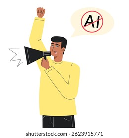 Young Man Protesting Against Artificial Intelligence and Shouting Through a Megaphone, Flat Style Illustration