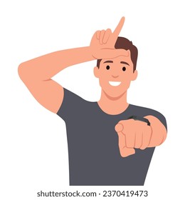 Young man proud expression pointing front. Flat vector illustration isolated on white background