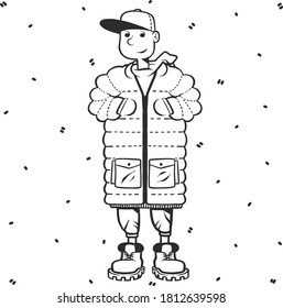 Young man in a  puffer jacket. Isolated person illustration. Hand-drawn vector people. Autumn outfit illustration. Modern man illustration for web and print. Person is isolated.