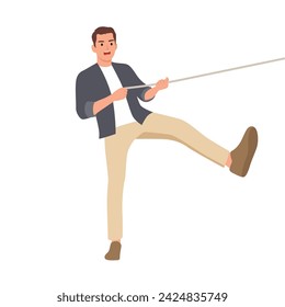 Young man pulling a rope tug of war. Flat vector illustration isolated on white background