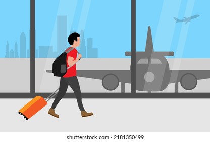 Young man pulling suitcase in airport terminal, Travel, Vacation. Vector illustration