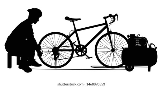 Young man pumping air into an empty wheel of bike silhouette vector