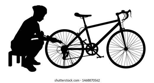 Young man pumping air into an empty wheel of bike silhouette vector
