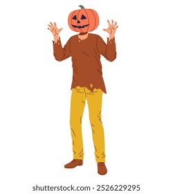 Young man in pumpkin mask flat color vector illustration. Creative Halloween costume for celebration party cartoon image against white