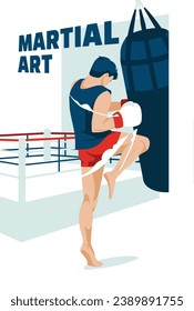 A young man punches against the background of a boxing ring. Sports competitions, hobbies and studies. Martial art. Vector flat illustration