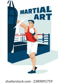 A young man punches against the background of a boxing ring. Sports competitions, hobbies and studies. Martial art. Vector flat illustration