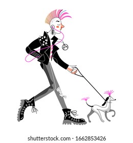 Young man punk, guy rocker with traditional haircut walking with poodle isolated on white background. Teenager boy with mohawk hairstyle. Alternative musical subculture. Stylish vector character