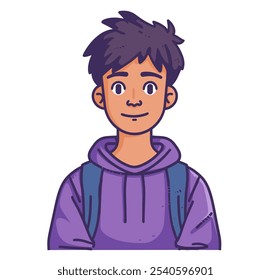 Joven con una sudadera con capucha púrpura y mochila está sonriendo. Se ve feliz y contento. Concepto de juventud y espíritu despreocupado