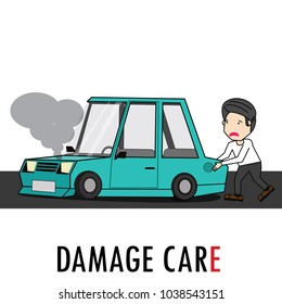Young man pushed the car can not drive. With tiredness. Flat vector illustration design.