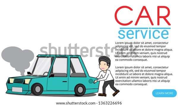 Young man pushed the car can not\
drive. With tiredness. Flat vector illustration\
design.