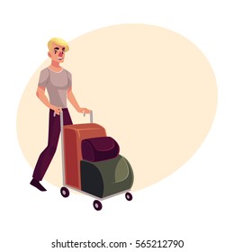 Young man pushing airport trolley with luggage, suitcases, bags, cartoon illustration on background with place for text. Young handsome man going on vacation, pushing luggage trolley in the airport
