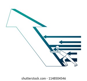 young man pushing arrow up character