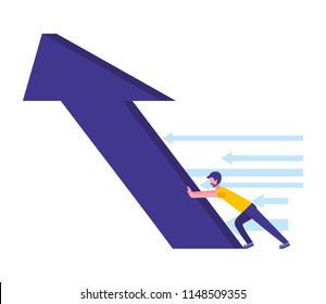 young man pushing arrow up character