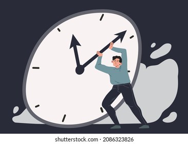 Junge Mann, der einen Pfeil der Riesenuhr drückt. Männlicher Charakter, der versucht, die Zeit zu stoppen oder zurückzudrehen. Zeitmanagement-Konzept. Cartoon-Flavektor-Vektorgrafik