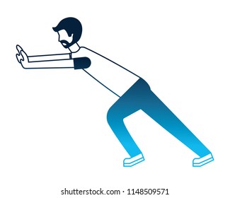 young man pushing avatar character