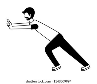 young man pushing avatar character