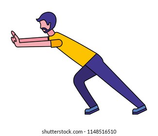 young man pushing avatar character