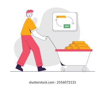 Young man pushing a cart with gold, exchange and investment. Character design. Vector flat illustration