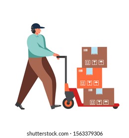 Young man pushing cart with parcels, vector flat illustration isolated on white background. Postal mail delivery service, receiving and sending parcels concept for web banner, website page etc.