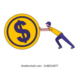 young man pushing coin isolated icon