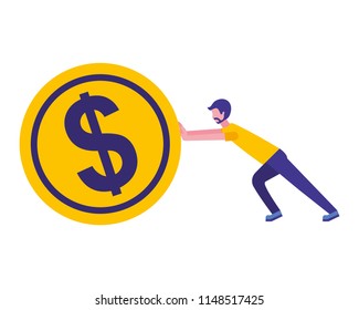 young man pushing coin isolated icon