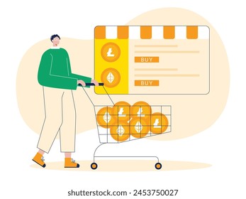 Young man pushing a cryptocurrency shopping trolley, invesment. Character design. Vector flat illustration