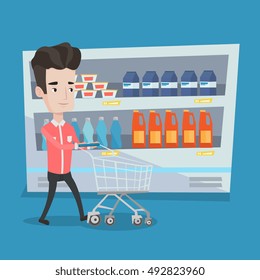 Young man pushing an empty supermarket cart. Customer shopping at supermarket with cart. Caucasian man walking with trolley on aisle at supermarket. Vector flat design illustration. Square layout.