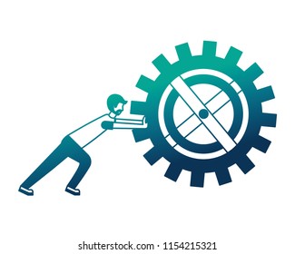 young man pushing gear machine isolated icon
