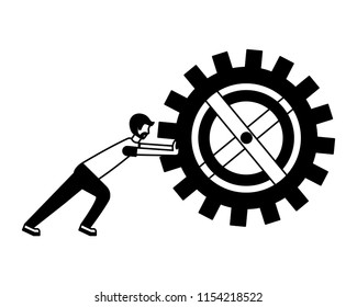 young man pushing gear machine isolated icon