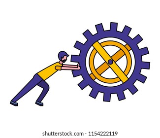 young man pushing gear machine isolated icon