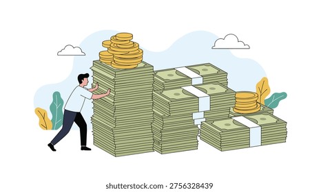 Young man pushing heavy stacks of dollar bills and gold coins symbolizing wealth accumulation and hard work.