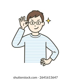 A young man pushing up his glasses and grinning with confidence