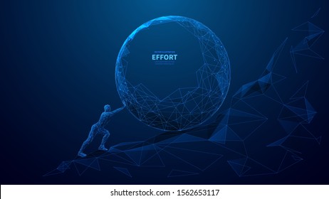 A young man pushing large stone up to a hill. Abstract businessman rolling a huge concrete ball uphill. Effort concept on blue background. Sisyphus metaphor. Low-poly wireframe vector illustration. 