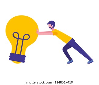 young man pushing light bulb isolated icon