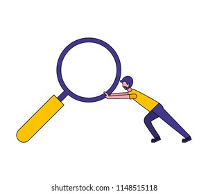 young man pushing magnifying glass