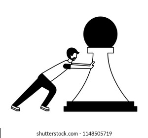 young man pushing pawn chess piece isolated icon