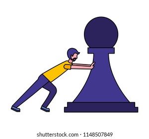 young man pushing pawn chess piece isolated icon