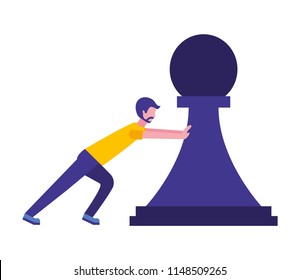 young man pushing pawn chess piece isolated icon