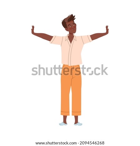 Young man pushing personal boundaries with both hands cartoon vector illustration