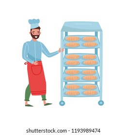 Young man pushing rack with freshly-baked bread. Professional at work. Worker of bakery. Flat vector design