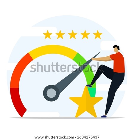Young man pushing rating meter to good. Credit score or increase performance. Improvement or effort to be better. Excellent customer feedback review. Gauge scale rating concept.