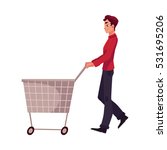 Young man pushing a shopping cart, cartoon vector illustration isolated on white background. Full length portrait of young man buying products with a shopping cart, trolley, consumerism concept