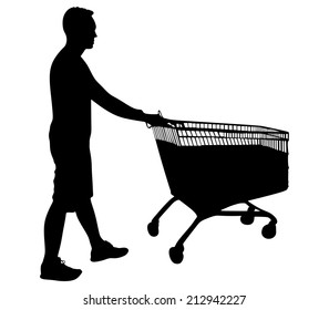 Young man pushing shopping cart isolated on white background, vector