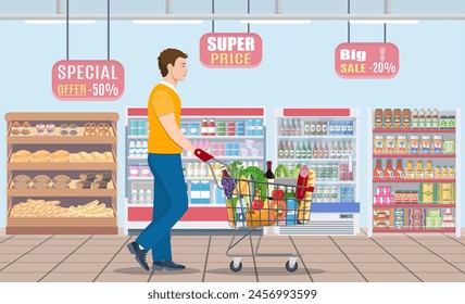 Young man pushing supermarket shopping cart full of groceries. Vector illustration in flat style