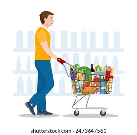 Young man pushing supermarket shopping cart full of groceries. Vector illustration in flat style