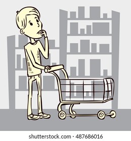 Young man pushing supermarket shopping cart. Hand drawn cartoon vector illustration.
