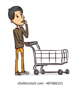 Young man pushing supermarket shopping cart. Hand drawn cartoon vector illustration.