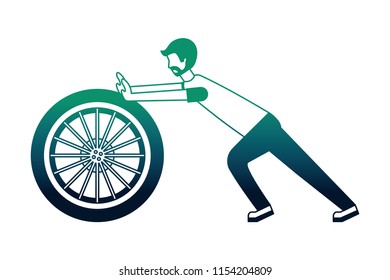 young man pushing tire car isolated icon
