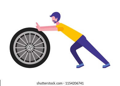 young man pushing tire car isolated icon