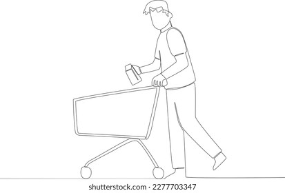 A young man pushing a trolley and holding milk. Grocery shopping one-line drawing